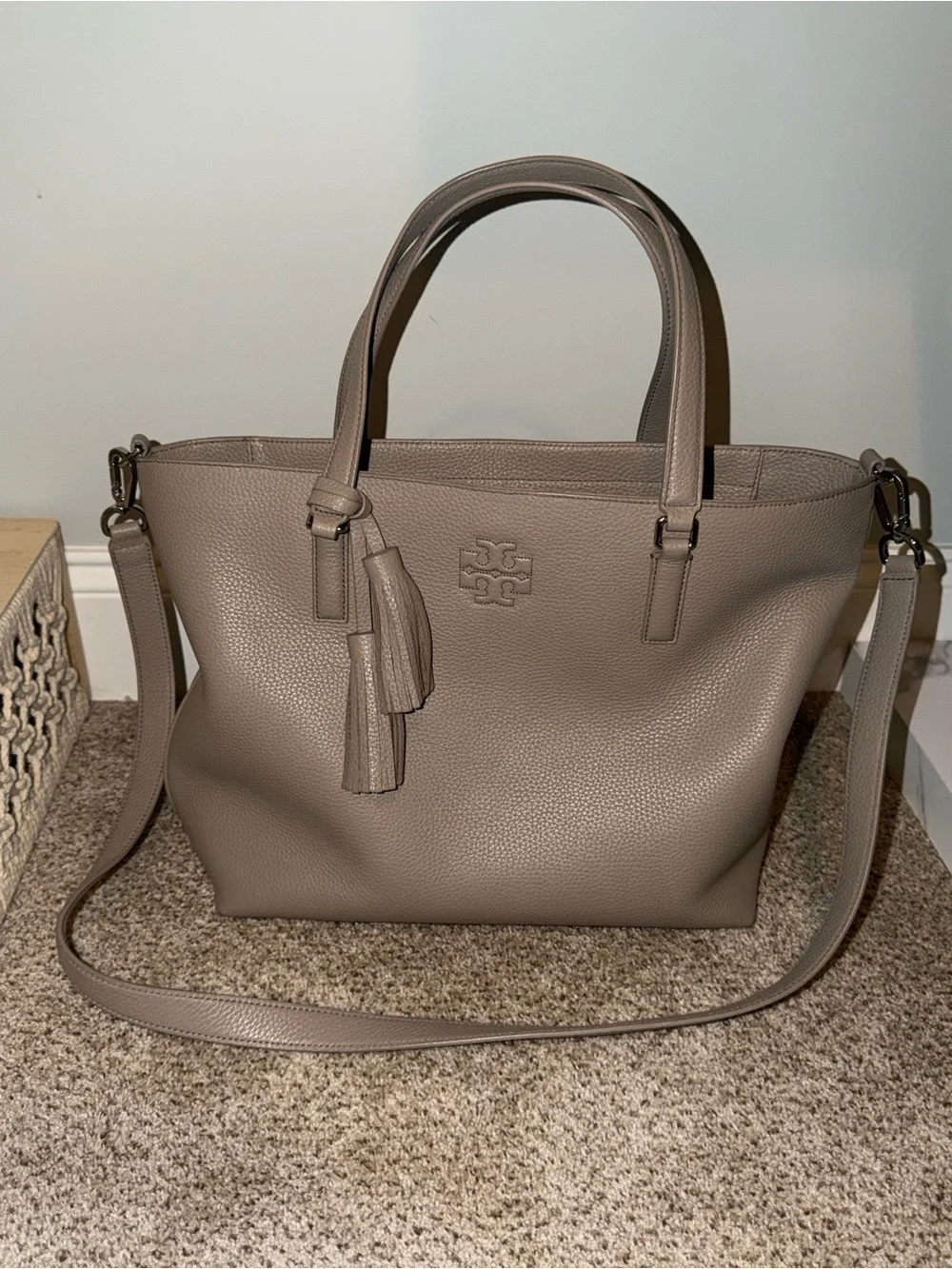 Tory Burch Pebbled Leather Tote in Taupe